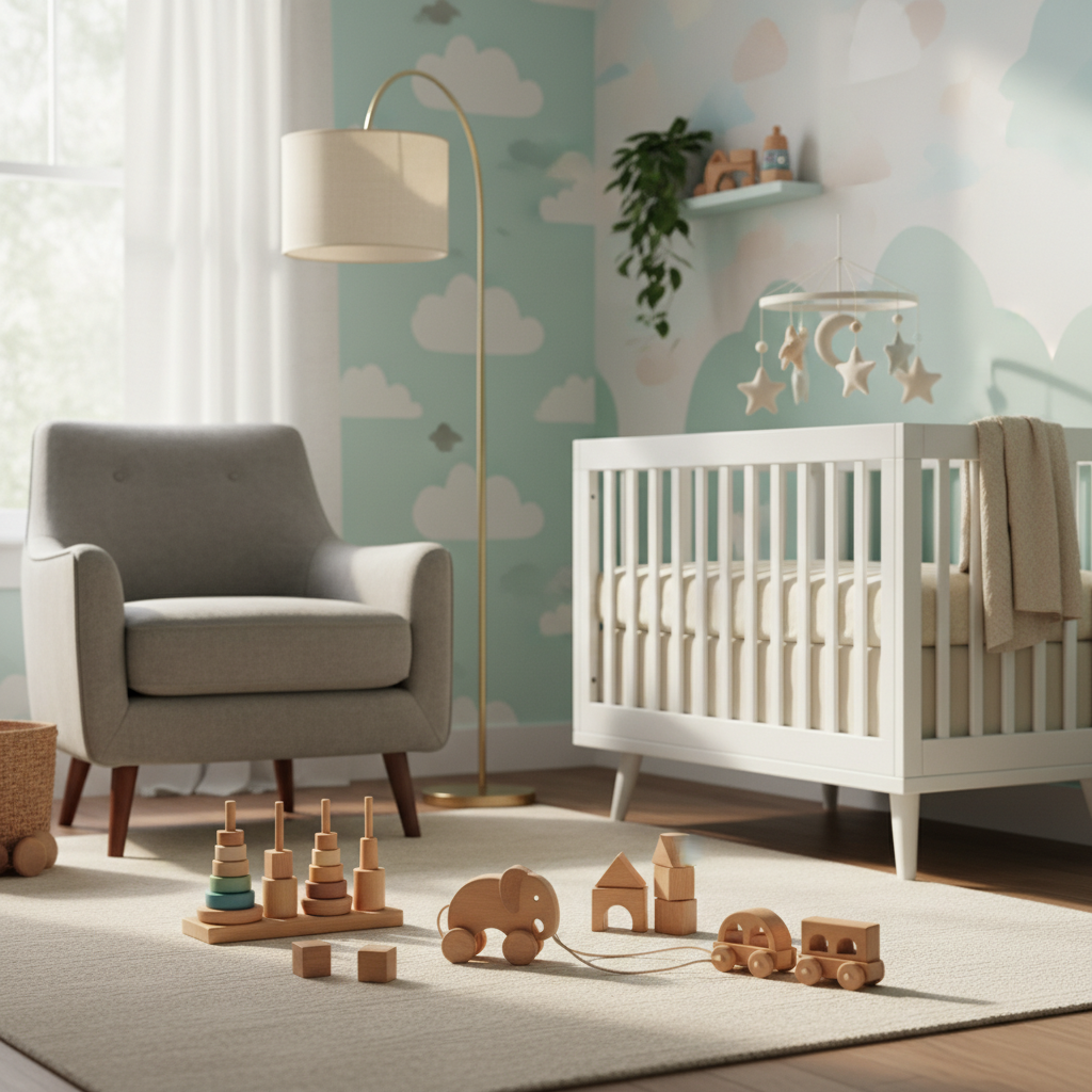 아늑한 자연광이 비치는 방 안에 정갈하게 놓인 친환경 원목 장난감 세트와 부드러운 파스텔 톤의 아기 방 인테리어 상세 이미지