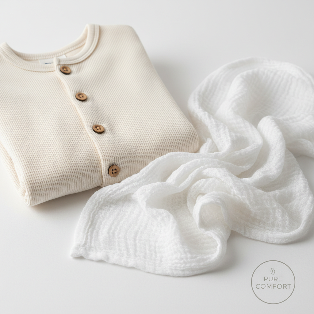 깨끗한 흰색 배경 위에 놓인 유기농 면 소재의 아기 배냇저고리와 부드러운 가제 손수건의 질감이 돋보이는 클로즈업 샷