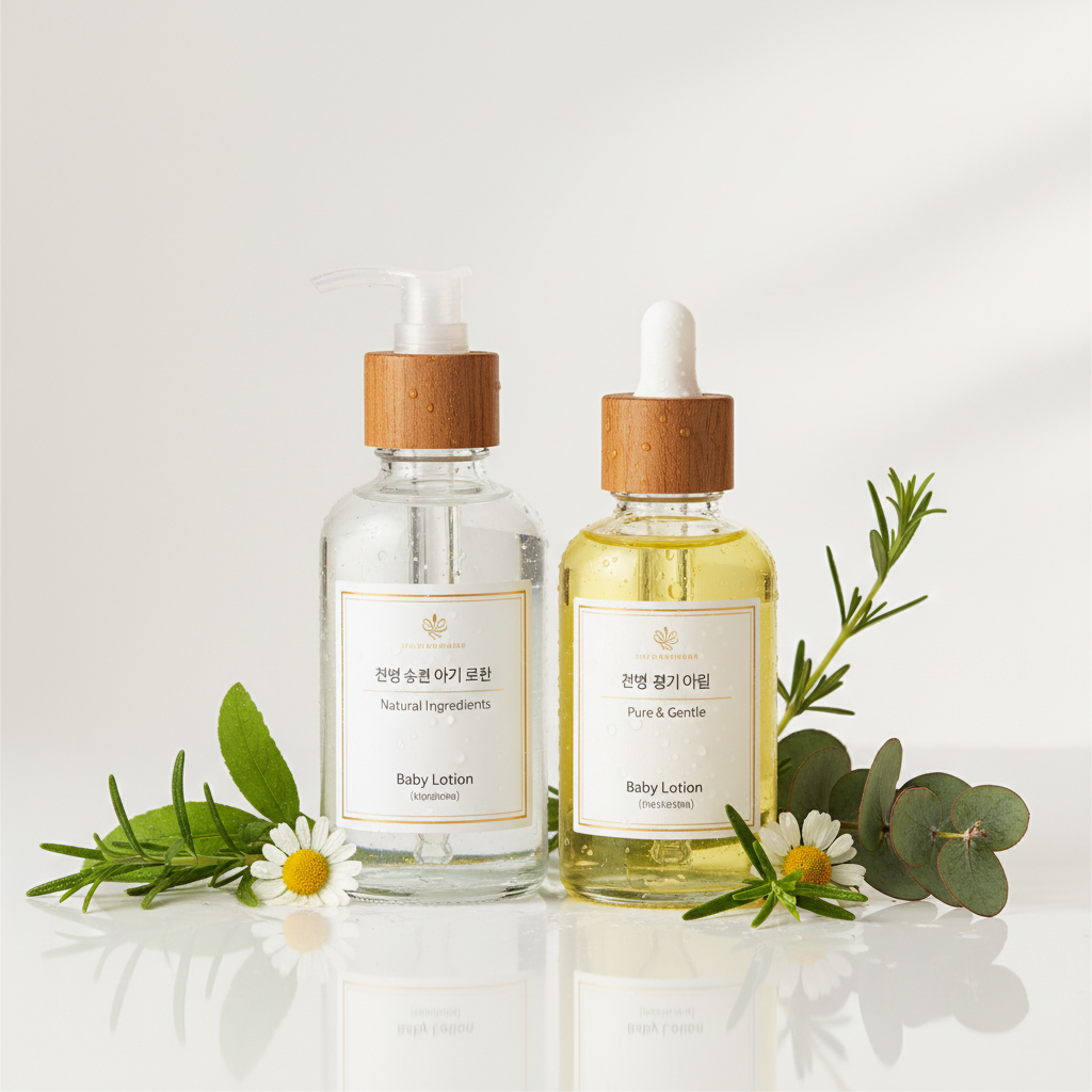 투명한 유리병에 담긴 천연 성분의 아기 로션과 오일이 신선한 허브 잎과 함께 배치된 미니멀하고 깨끗한 제품 사진