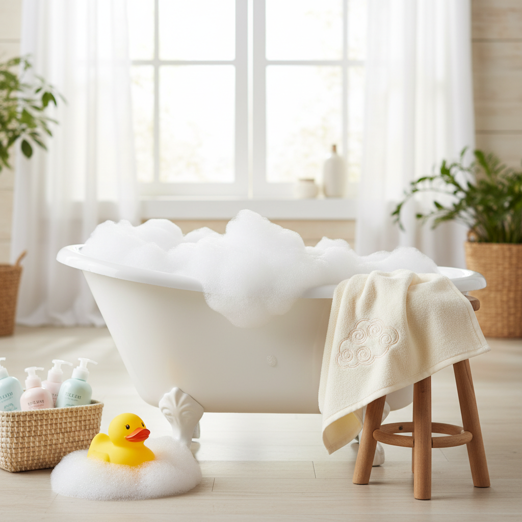 몽글몽글한 거품이 가득한 아기 욕조 옆에 놓인 노란 오리 인형과 보들보들한 후드 타월이 조화를 이룬 목욕 용품 사진