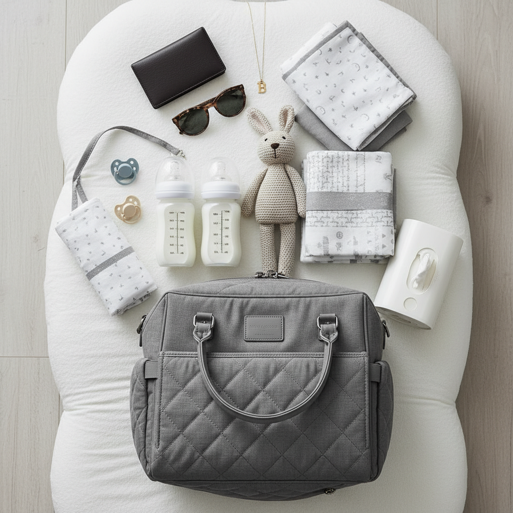 푹신한 아기 침대 위에 가지런히 정리된 기저귀 가방과 젖병 등 필수 외출 용품들이 세련되게 배치된 플랫 레이 이미지